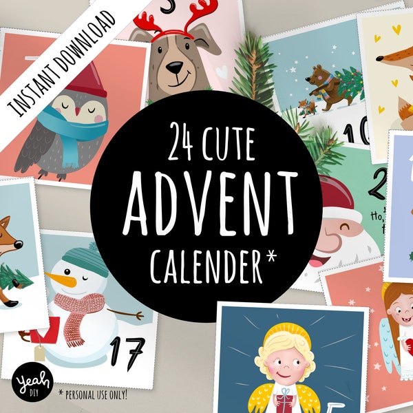 24 super cute, printable Advent calendar labels for kids. Illustrations of dog, fox, deer, angel, Santa Claus, owl and co.