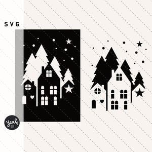 Case invernali: FILE PLOTTER Carta Papercut Villaggio di Natale Cottage scandinavo nordico Fila di case Silhouette Cricut