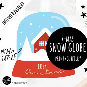 Boule à neige de Noël avec maison + paysage d'hiver de sapins : modèle vectoriel de clipart DIY (SVG + PNG) à télécharger pour impression, feuille flexible + traceur