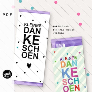 Könnte beinhalten: Zwei Geschenkbeutel-Designs mit dem deutschen Text "Kleines Dankeschön". Ein Beutel ist weiß mit schwarzem Text und Herzen, der andere ist gestreift mit farbigem Text. Das Wort "PDF" steht oben links.