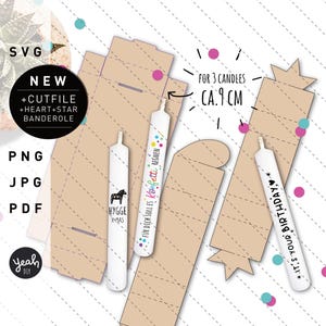 ARCHIVO PLOTTER Caja de velas para 3 velas pequeñas de árbol con 2 banderolas estrella + corazón - sin pegamento - embalaje de regalo Plantilla DIY cricut joy