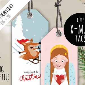 12 afdrukbare "Cute Xmas" cadeaukaartjes voor Kerstmis, etiketten, decoratie, printen en knippen, (PNG + PDF) Cricut, clipart, illustratie