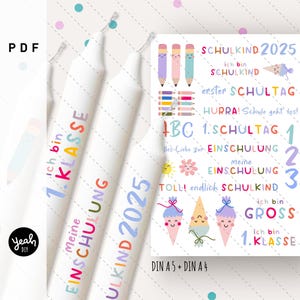 Modèle PDF d'illustration pastel de tatouage de bougie d'écolier décalcomanie papier toboggan feuille / décoration célébration inscription scolaire bougie feuille bâton bougies