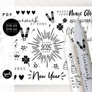 Kerzentattoo "Happy New Year 2025" Silvester PDF Spruch, Rakete, Champagner, Feuerwerk, Glück Kerze Decal Papier Wasserschiebe Folie Vorlage
