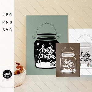 Lantaarn "Hallo winter" PLOTTER BESTAND PRINT SJABLOON: Hygge Glass Christmas Handschrift Illustratie Printer Plotter Cricut Lasercut Clipart