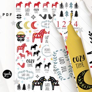 Tatuagem de vela "Cavalo Dala Feliz Natal" PDF Adesivo Skandi hygge Design Advent Fir Typo Vela Decalque Papel Modelo de Folha de Slide de Água