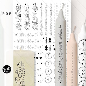 Kerzentattoo "Advent Zahlen" PDF mit Tanne Stern Kranz Skandi Weihnachten Kerzen Decal Papier Wasserschiebefolie Vorlage Stab + Stumpenkerze
