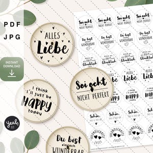 Può includere: Download digitale di disegni circolari con citazioni in tedesco e inglese. I disegni includono frasi come "Alles Liebe" e "I think I'll just be happy today", con cuori e punti.