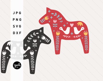 DALA HORSE NEW with Swedish Scandinavian ornaments: Print- Plotter- Lasercut file Silhouette Cameo / Cricut Hygge Advent Christmas