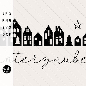 Case Skandi magiche invernali: Stampante FILE DIGITALE Plotter lasercut Villaggio di Natale Casa di cottage nordica Fila di case Silhouette Cricut