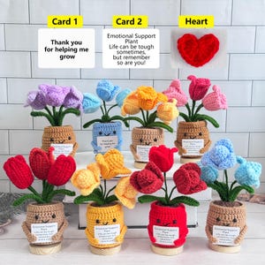 May include: A collection of handmade crochet tulip plants in various colors, including purple, blue, yellow, pink, and red. Each plant is in a smiling pot with a supportive message. The image also includes a red crochet heart.