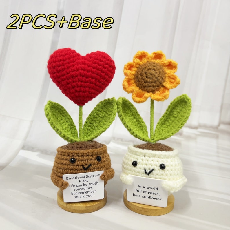 Plante en pot de tournesol/coeur au crochet fait main, jolie plante en pot au crochet comme cadeau de fête des mères pour lui, cadeau pour la santé mentale, enracinement pour vous 2PCS