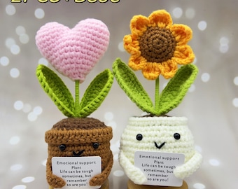Tournesols/plantes en pot d'amour roses fait main au crochet, plantes en pot de soutien émotionnel, décorations de table, fête des mères, cadeau pour elle