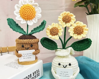 Plantes en pot tournesol/marguerite au crochet,Dans un monde rempli de roses, soyez une marguerite.Soutien émotionnel pour les tournesols,Cadeau de fête des mères,Fleurs au crochet