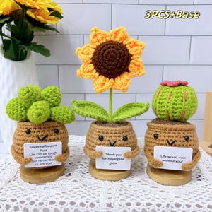 3PCS Cute Handmade Crochet Sunflower/Succulent/Cactus,Emotional Support Plant,Thank you for helping me grow! Gifts For Her/Him,Desk Decor