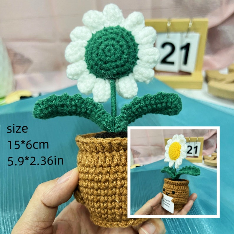 Marguerites au crochet, plante en pot, cadeau de fête des mères, cadeau pour maman, cadeau de remise des diplômes, marguerites positives, soutien émotionnel image 9