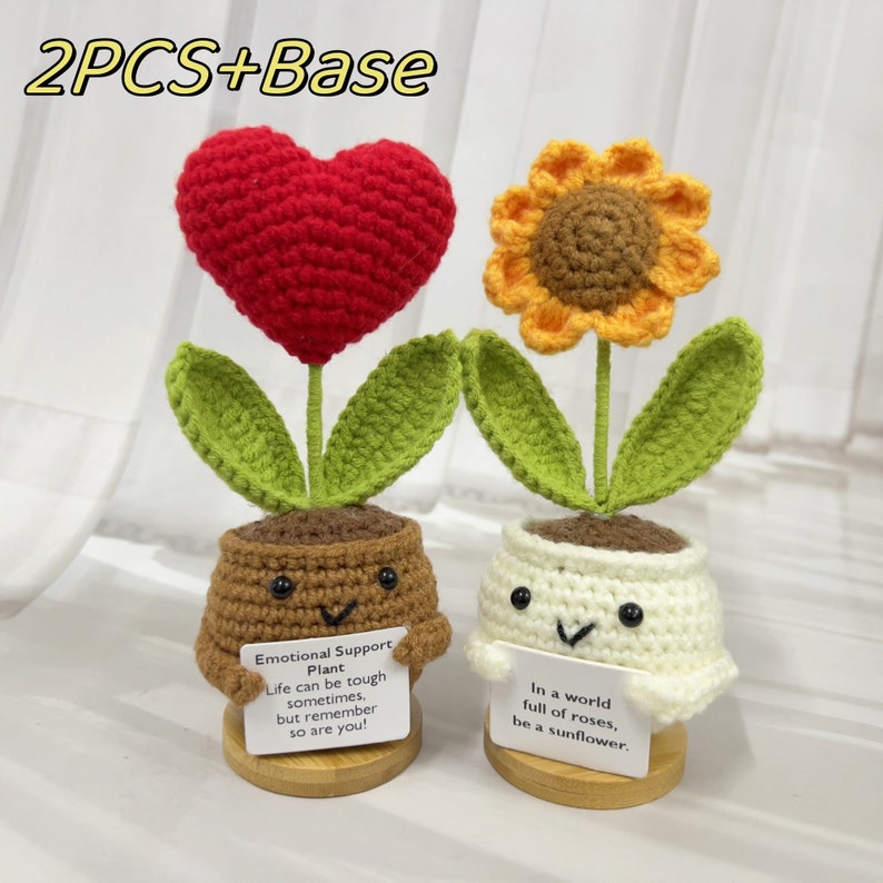 Plante en pot de tournesol/coeur au crochet fait main, jolie plante en pot au crochet comme cadeau de fête des mères pour lui, cadeau pour la santé mentale, enracinement pour vous image 1