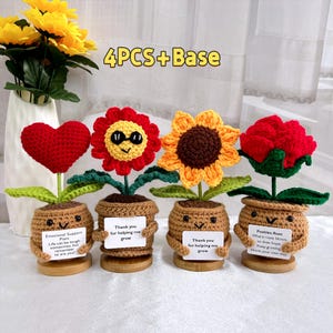 4PCS Cute Crochet Sunflower/Rose/Daisy/Heart Plant,Thank You For Helping Me Grow,Emotional Support Plant,Positive Flower,Thank You Gifts