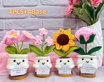 Niedliche 4 Stück rosa Blumenpflanze, gehäkelte Sonnenblume, häkeln Vergissmeinnicht / Rose / Le Muguet, Dankeschön Geschenk, Lehrergeschenk, danke, dass Sie mir geholfen haben zu wachsen