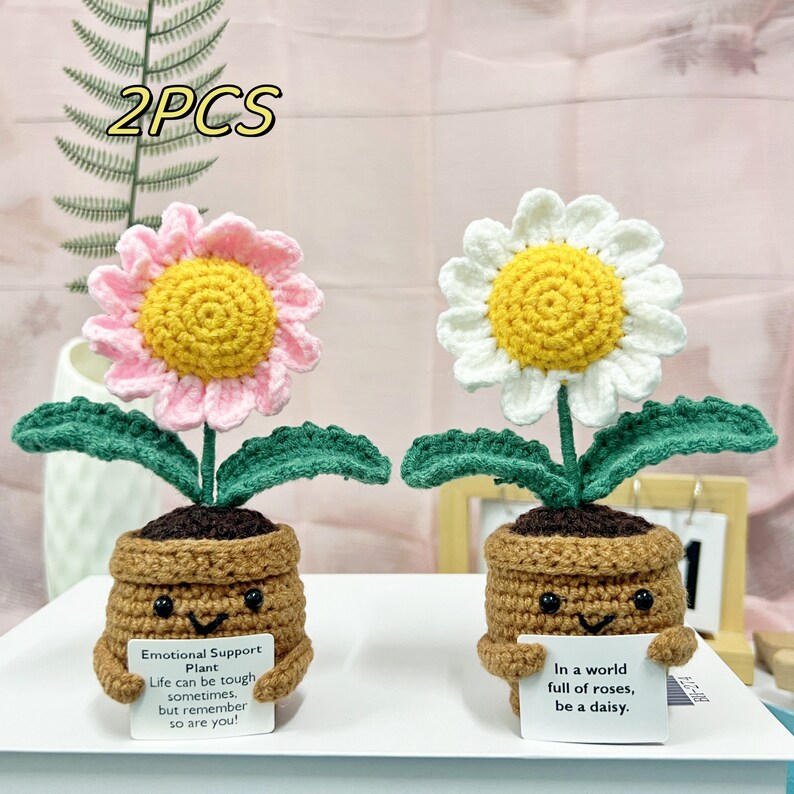 Marguerites au crochet, plante en pot, cadeau de fête des mères, cadeau pour maman, cadeau de remise des diplômes, marguerites positives, soutien émotionnel 2PCS