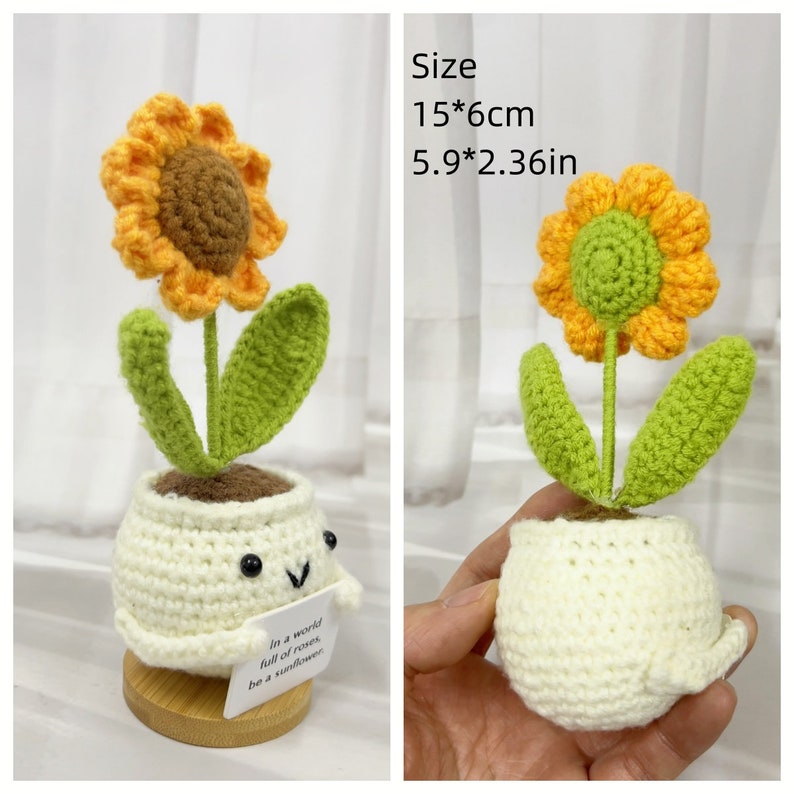 Plante en pot de tournesol/coeur au crochet fait main, jolie plante en pot au crochet comme cadeau de fête des mères pour lui, cadeau pour la santé mentale, enracinement pour vous image 8