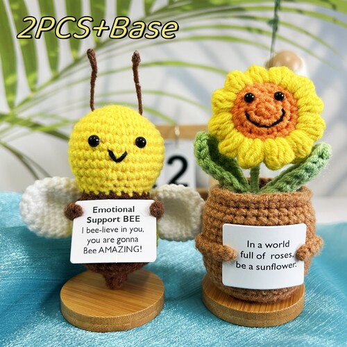 Handmade Crochet Sunflower Bee - Mini Cute Plush With Positive Card, Gift For Women, Friends, Emotional Support - View #5