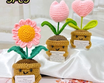 Handmade crochet Daisies/Pink hearts/Tulip potted plants,Emotional support,Crochet sunflowers,Mothers day gift,crochet flower pot,Handmade