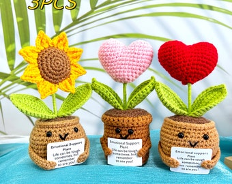 Handmade Crochet Sunflower Potted and Heart,Shaped Potted-Emotional Support Plant,Crochet Flower Decor,Gift for Friends,Graduation Gift