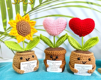 Handgefertigte gehäkelte Sonnenblume eingemacht und Herz, geformte eingemachte-editionelle Stützpflanze, gehäkeltes Blumendekor, Geschenk für Freunde, Geschenk für Lehrer