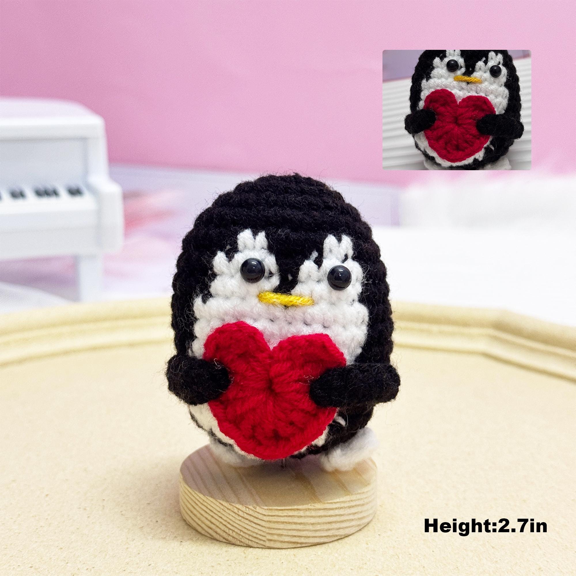 Gehäkelter Pinguin Mit Weihnachtsmütze – 10,5 Cm, Aus Wollfaden, Mit Motivationskarte, Süße Weihnachtsdekoration
