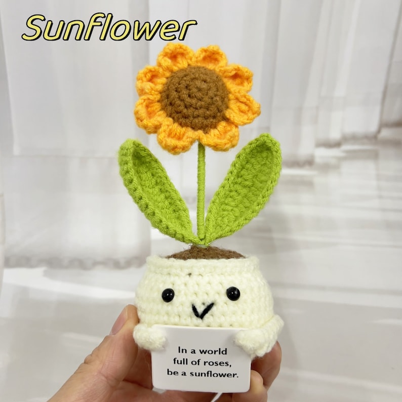 Plante en pot de tournesol/coeur au crochet fait main, jolie plante en pot au crochet comme cadeau de fête des mères pour lui, cadeau pour la santé mentale, enracinement pour vous Sunflower