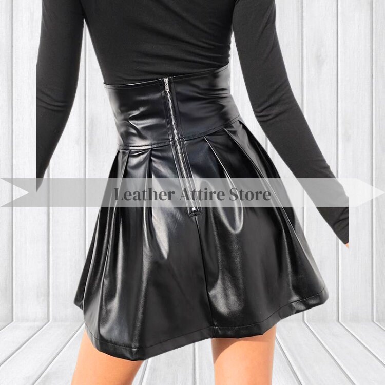 Womens Genuine Black Leather Skirt Glossy Look High Waist Etsy
