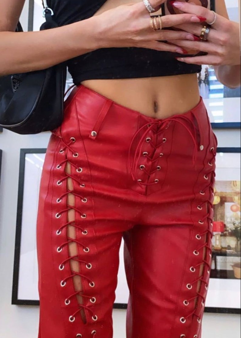 Womens Leather Pants Night Party Wear Pants Genuine Red Cowhide