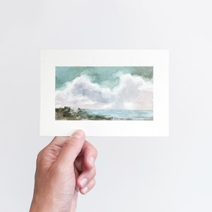 Seaglass - Hand Painted Watercolor Painting 4x6 Inch Distant Landscape with Clouds Small Tiny Art Watercolor Painting