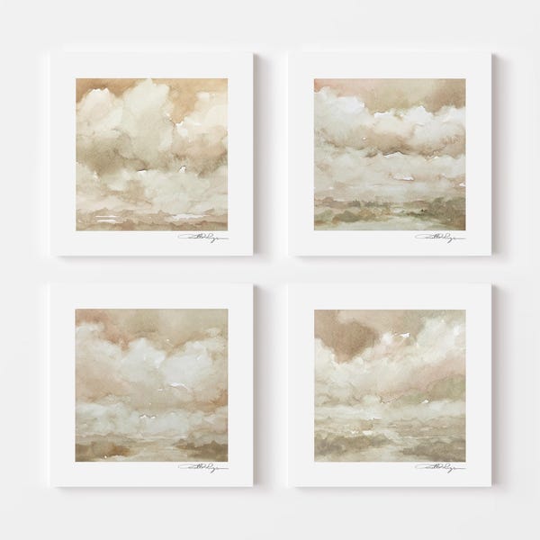 Sienna - Set of 4 Original Watercolor Landscape Painting: 6x6 Mini Artwork Tiny Art of Small Watercolor Landscape Paintings in Neutral Tones