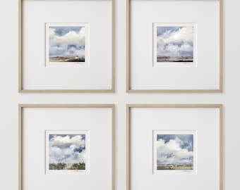 Printable Set of 4 - Blue Art Prints 8x8 inches Mini Art Printable Blue Cloud Landscape Paintings 4x4 inches digital download Watercolors