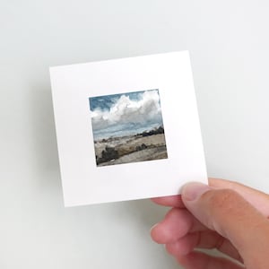 Reverie - 小さなオリジナル水彩画 - 3 x 3インチの手作り絵画ミニマリスト風景、ニュートラルな雲、穏やかな空、自然にインスパイアされた壁装飾