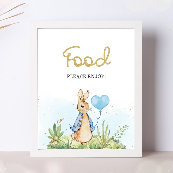 Food sign printable baby shower bunny, food table signs, blue Peter Rabbit baby shower decor, instant download, buffet table cards, BS4