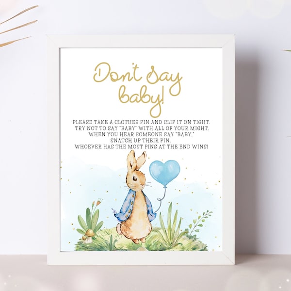 Don't say baby sign baby shower game, blue Peter Rabbit baby shower decor, table sign printable instant download, clothespin game, BS4