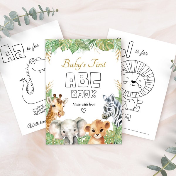 ABC book baby shower safari animals, coloring page, printable ABC coloring book, baby first ABC book, baby alphabet book, BS3