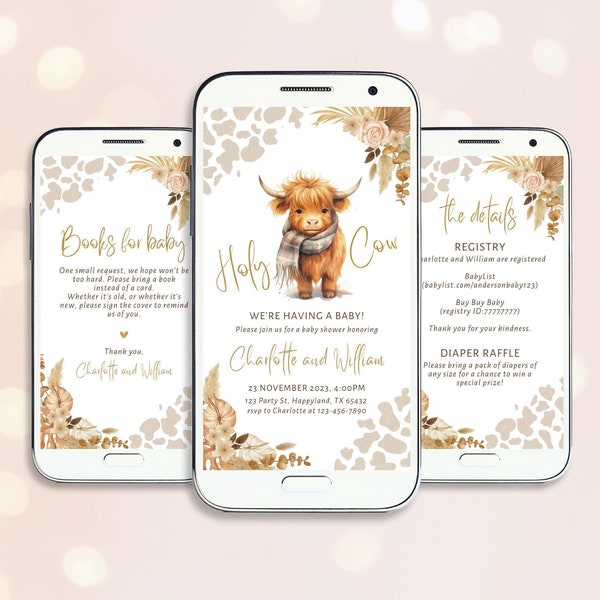 Electronic invitation baby shower holy cow, we're having a baby, highland cow editable template digital download, gender neutral baby, BS2