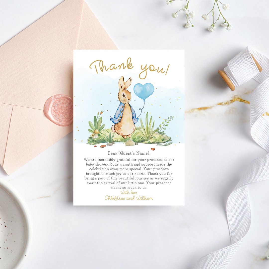 Editable Baby Shower Thank You Note Card Template Canva, Blue Peter Rabbit Printable Cards