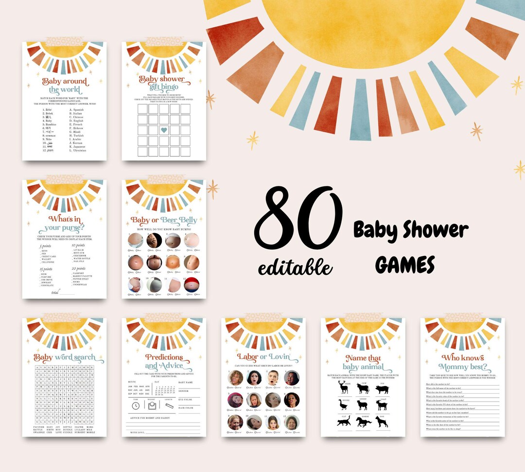 Editable Baby Shower Games Here Comes the Son, 80 Fun Games Printable ...