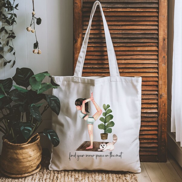 Yoga Tote Bag. Gift for Yogis and Yoginis. Tote With Yogini and Cat. Namaste Tote Design. Yogini Practicing Yoga. Natural Tote. Yoga Tote