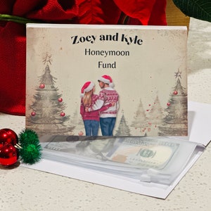 Carte-cadeau de couple récemment fiancé pour une lune de miel. Carte de vœux personnalisée, parfaite pour offrir de l'argent ou des cartes-cadeaux à ce couple spécial.