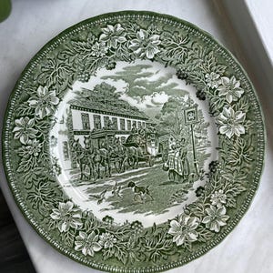 Vintage Royal Tudor Ware &quot;Coaching Taverns&quot; Staffordshire Plate – Green Transferware, Floral Border, England 1950s-1970s