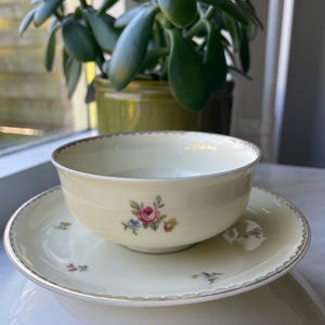 Puede incluir: Un juego de taza y platillo de té de porcelana blanca con un patrón floral. La taza y el platillo tienen un borde dorado.