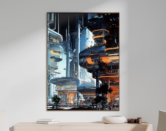 Science Fiction Poster Busy Metropolis Spaceport Concept Wall Decor, Instant Download - ULTRA HI-RES