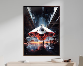 Retrofuture Sci-Fi Decor Spaceship in a Hangar Concept Wall Art, Instant Download - ULTRA HI-RES