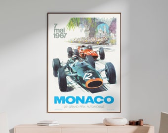 May include: Vintage poster for the 1967 Monaco Grand Prix. The poster features a green and orange race car with the number 12 on the side, and a red and white race car with the number 18 on the side. The poster also includes the text "7 mai 1967" and "MONACO 25e GRAND PRIX AUTOMOBILE".